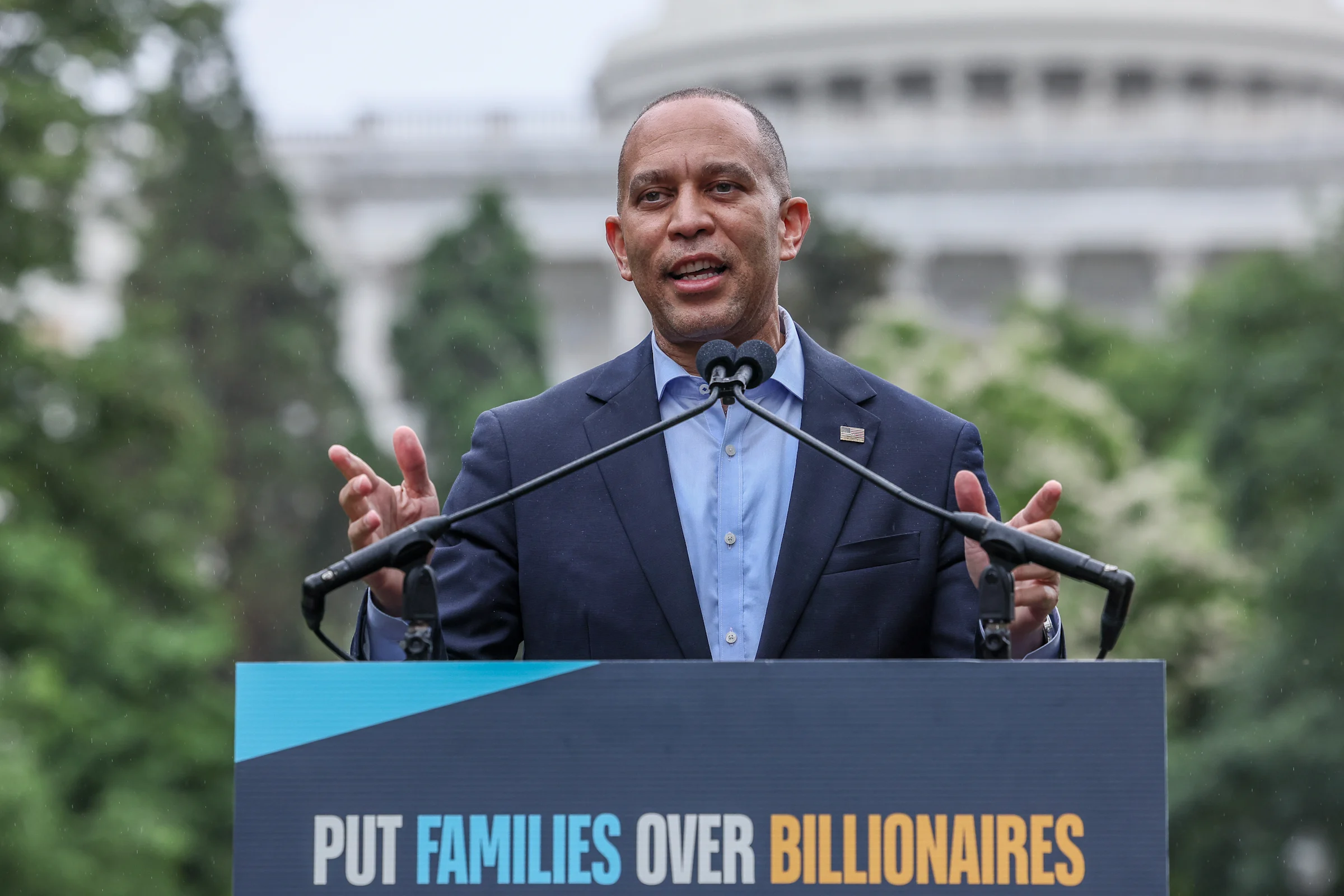 House Minority Leader Hakeem Jeffries speaks during a rally opposing House Republican tax proposal on Capitol Hill on May 21. (Jemal Countess/Getty Images for Families Over Billionaires)