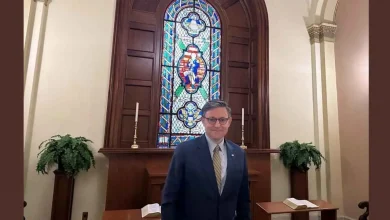 House Speaker Mike Johnson of La., poses for a photo in the Congressional Prayer Room at the U.S. Capitol Wednesday, May 21, 2025, in Washington. (AP Photo/Lisa Mascaro)