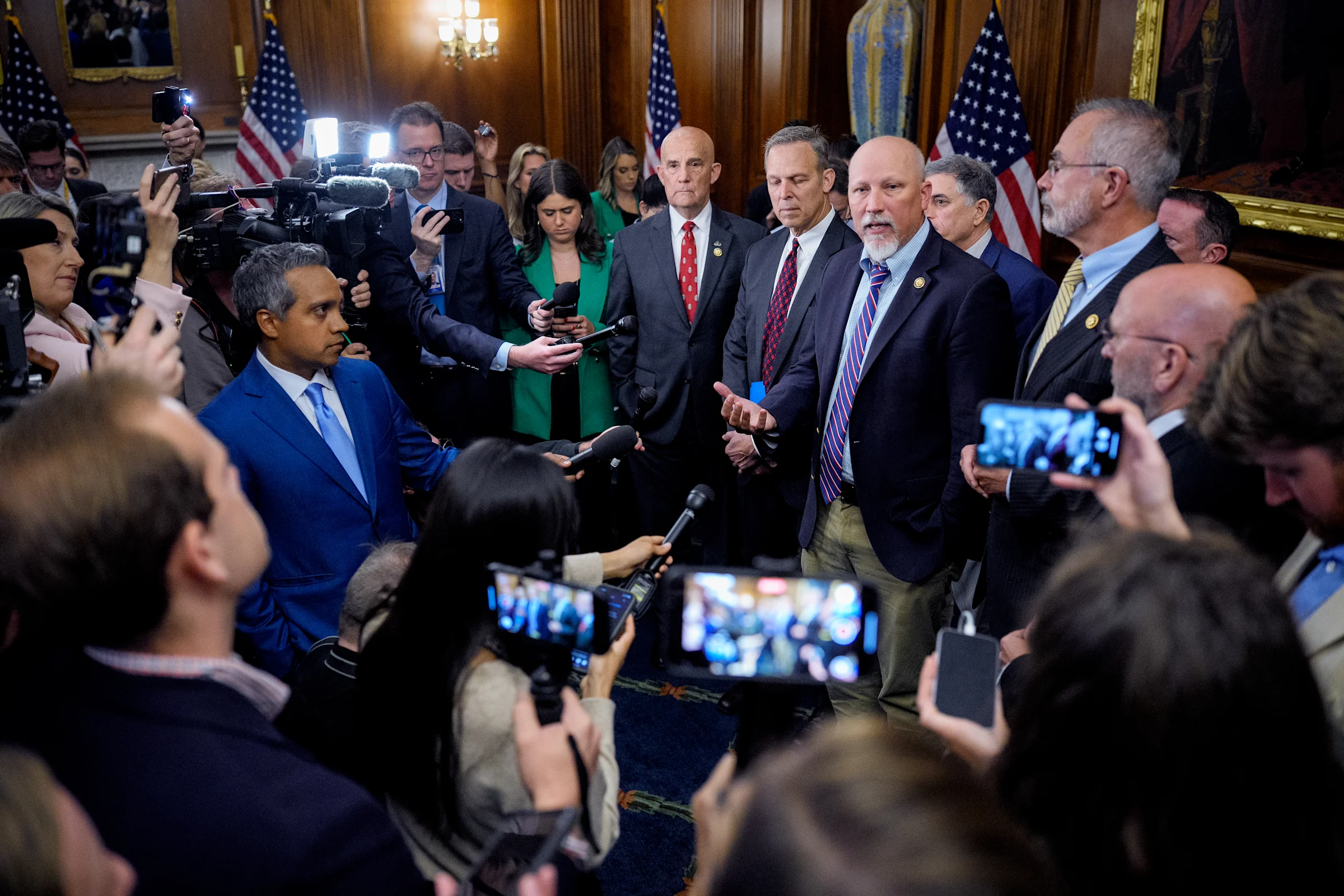 The House Freedom Caucus was one of the last holdouts to the package and spoke to reporters on May 21 at the Capitol. (Andrew Harnik/Getty Images)